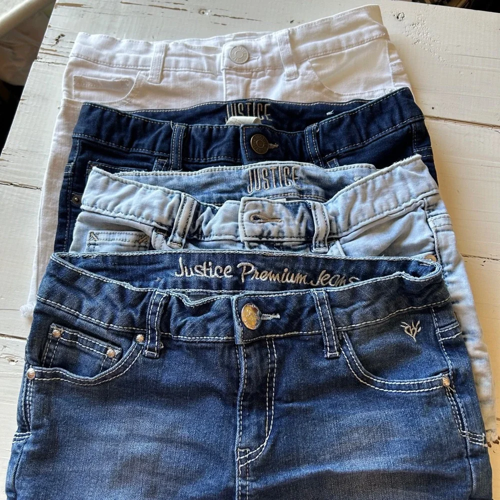 Justice Girls Denim Shorts Bundle Size 12 Lot of 4 White Blue Sequin Pocket Hem